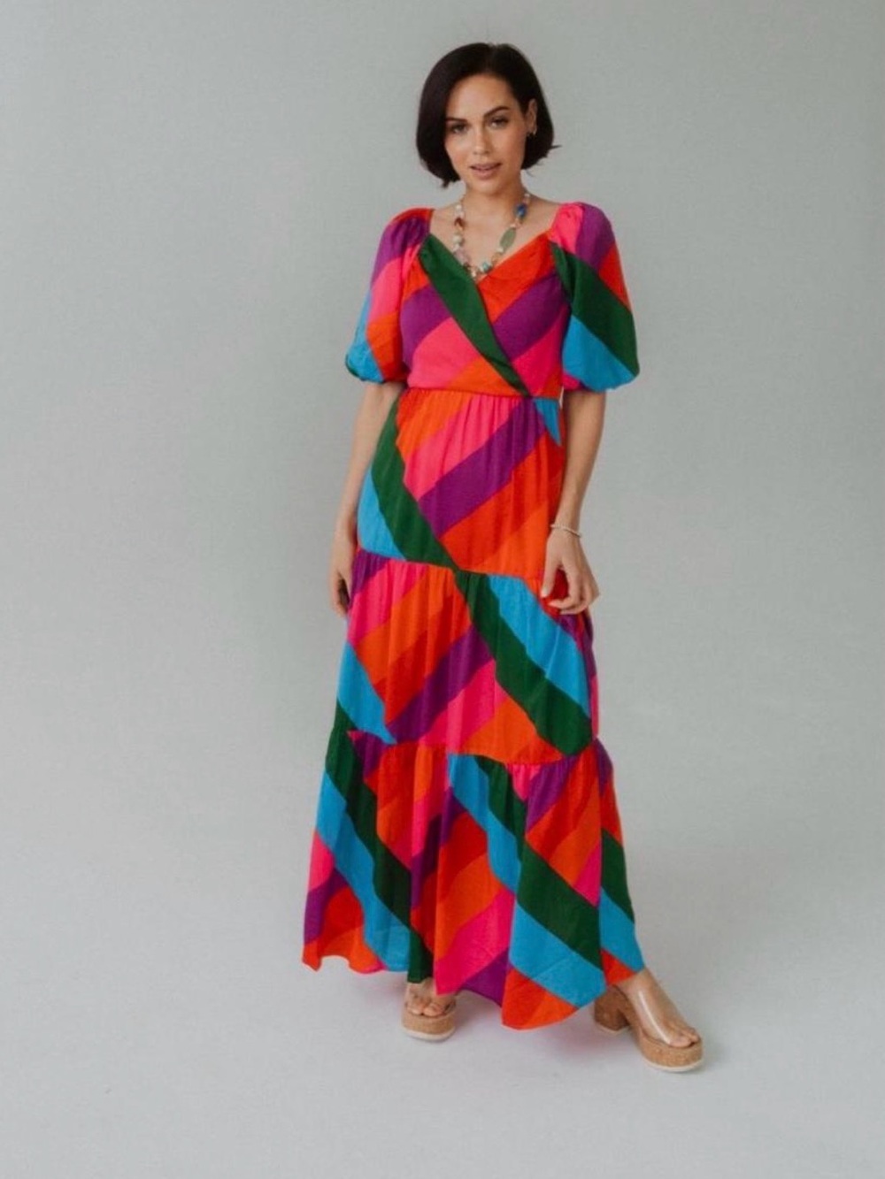 #700 Skies Are Blue Multicolor Diagonal Stripe Wrap Maxi Dress size L